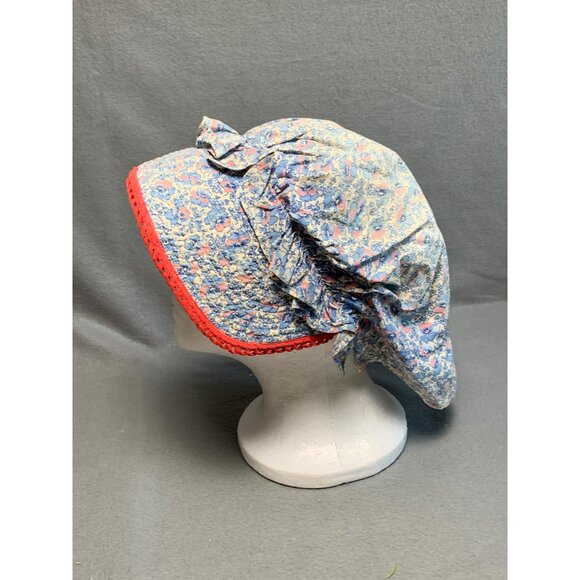 Vintage Womens Floral Bonnet with Red Trim & Ruffles - Picture 10 of 15